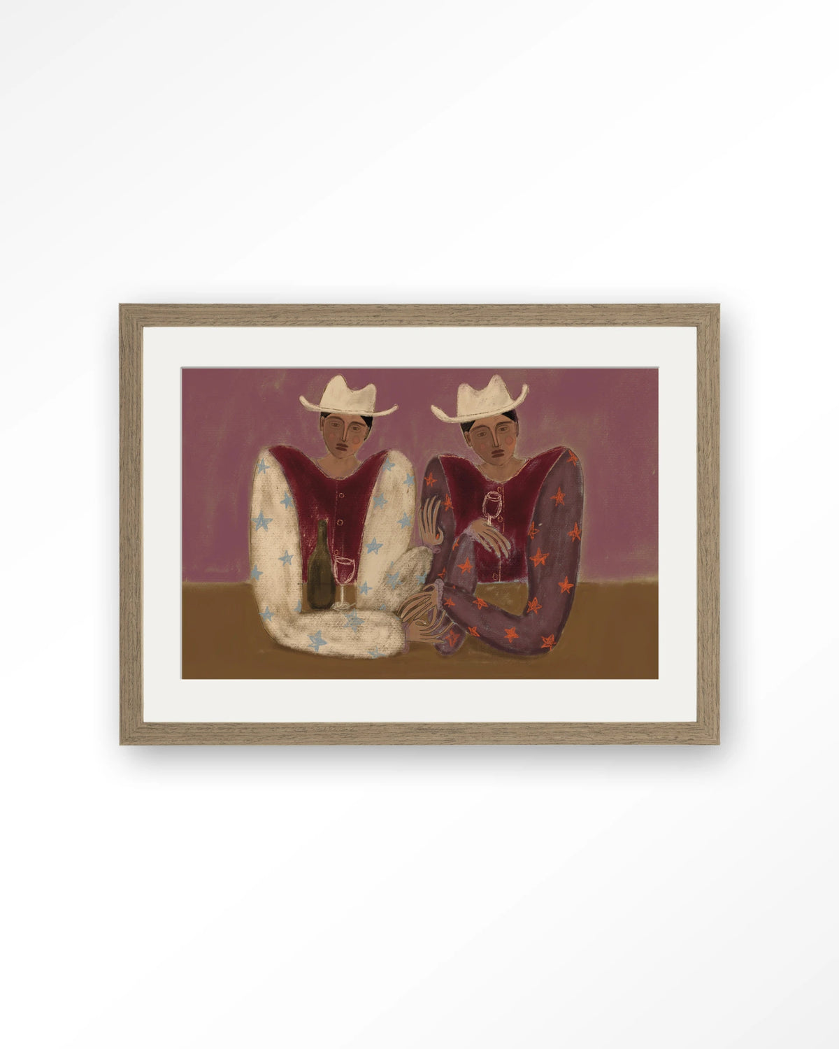 Good Ranch Talk – twee cowboys met wijn – Art print – Hout bruin + passe-partout