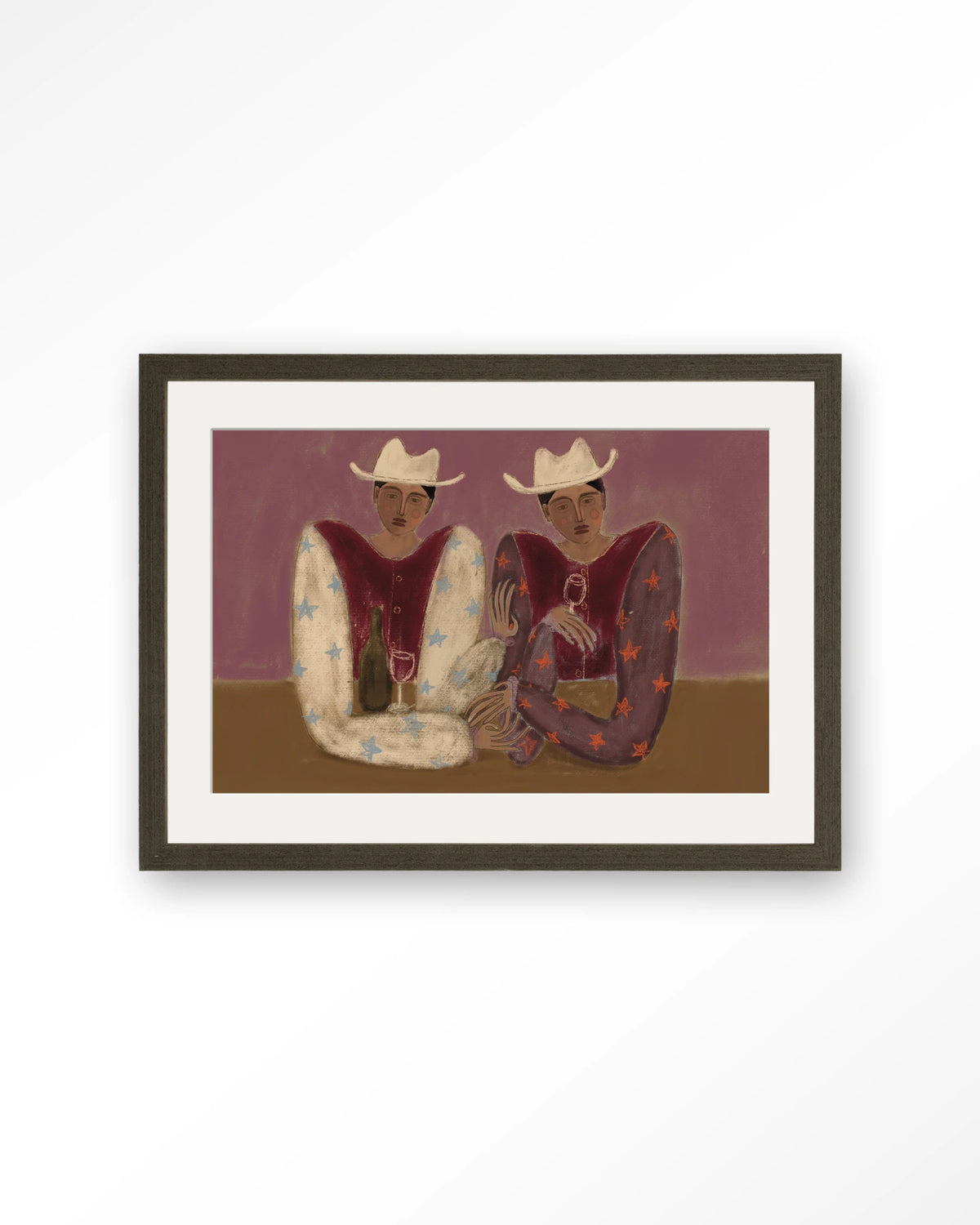 Good Ranch Talk – twee cowboys met wijn – Art print – Hout donkerbruin + passe-partout