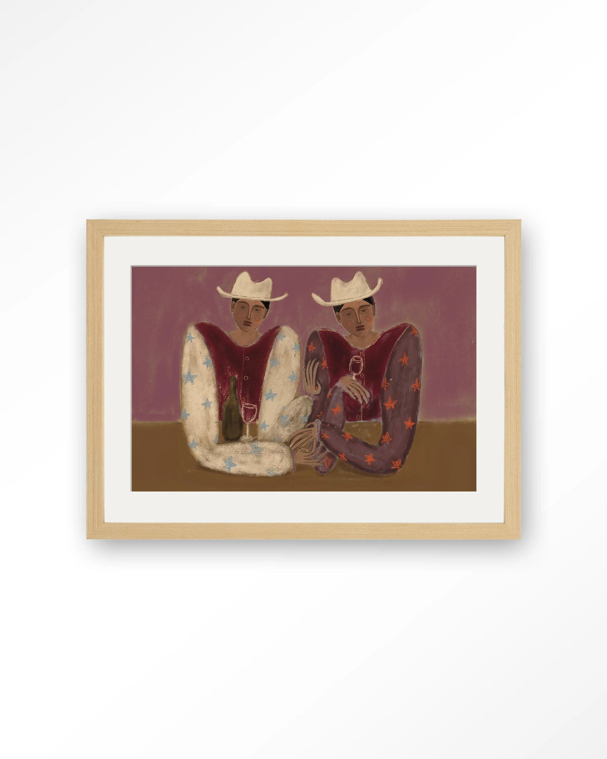 Good Ranch Talk – twee cowboys met wijn – Art print – Hout naturel + passe-partout