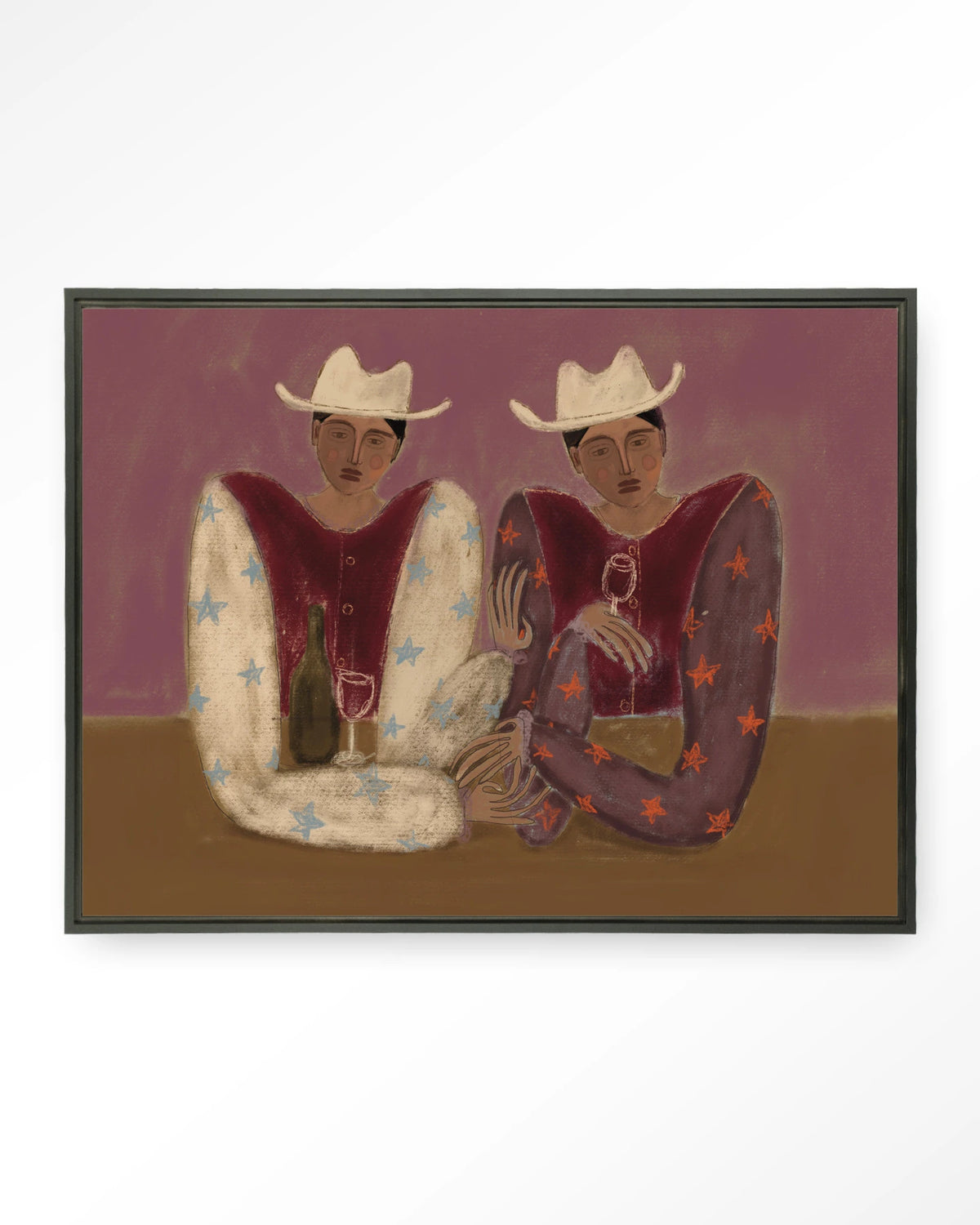 Good Ranch Talk – twee cowboys met wijn – Wandkleed – Floating frame – zwart