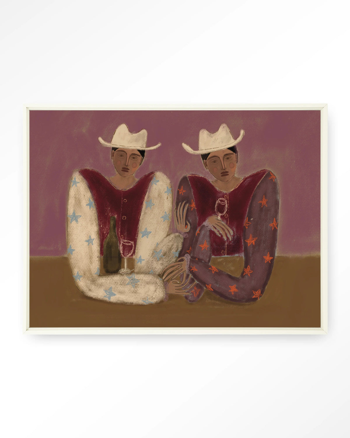 Good Ranch Talk – twee cowboys met wijn – Wandkleed – Floating frame – wit