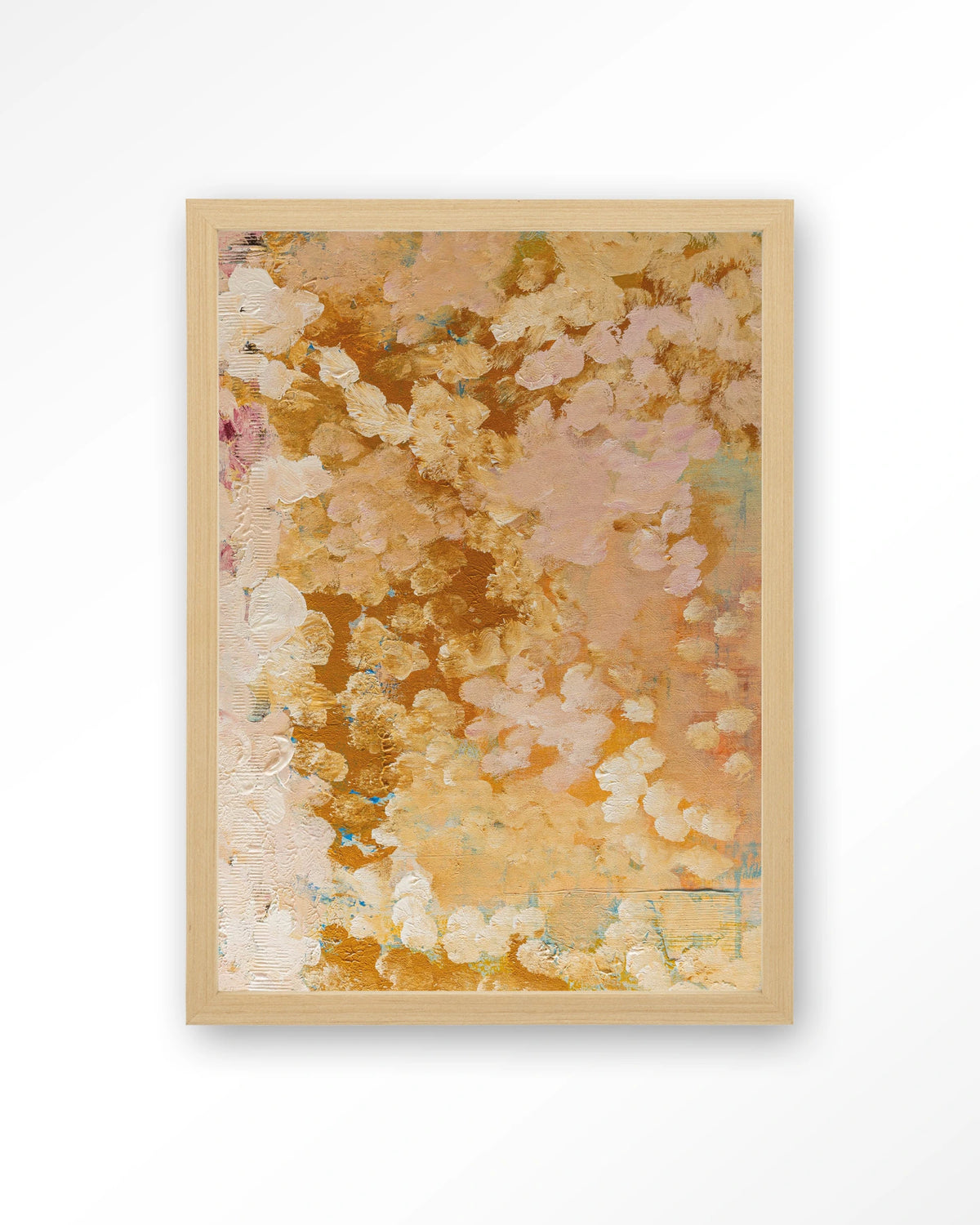 Abundance – abstract in goud en roze – Art print – Hout naturel