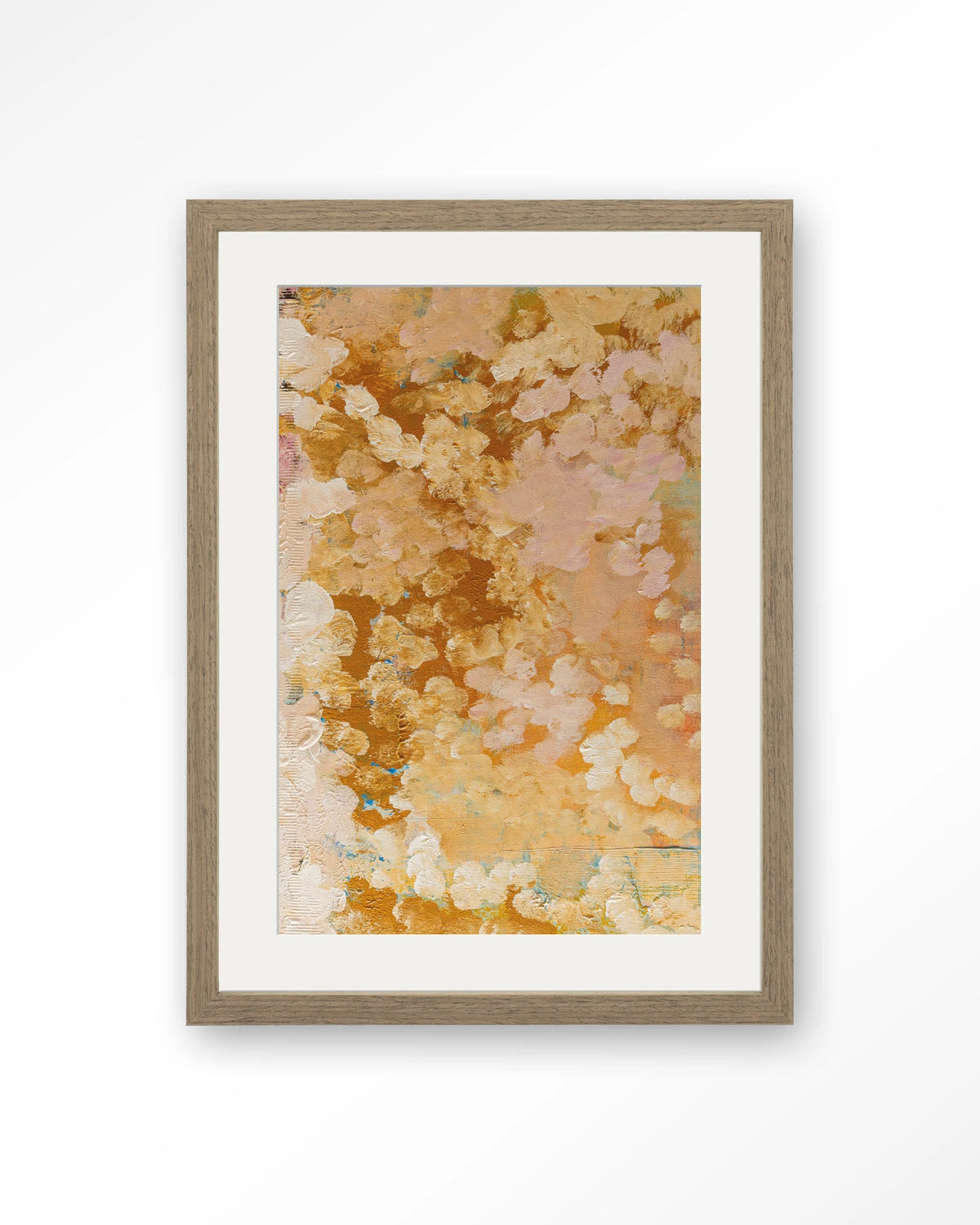 Abundance – abstract in goud en roze – Art print – Hout bruin + passe-partout