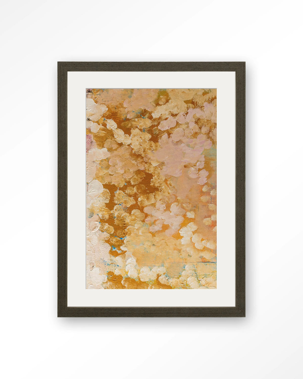 Abundance – abstract in goud en roze – Art print – Hout donkerbruin + passe-partout