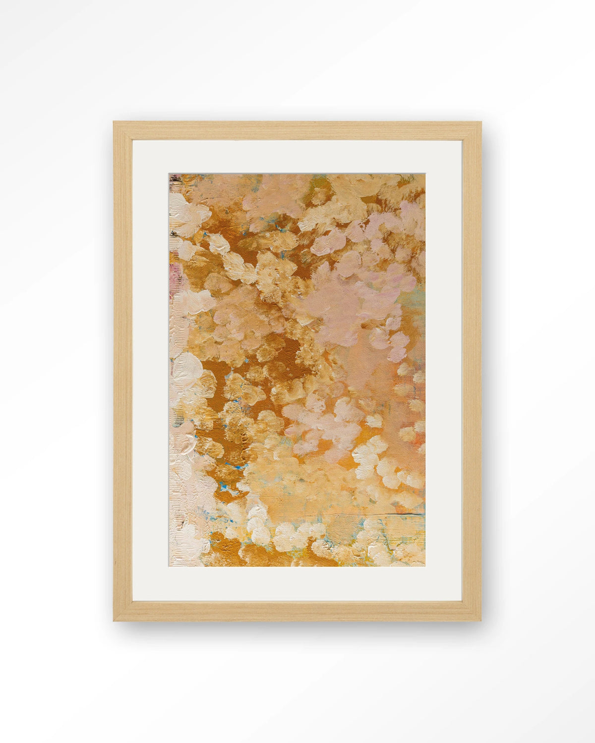 Abundance – abstract in goud en roze – Art print – Hout naturel + passe-partout