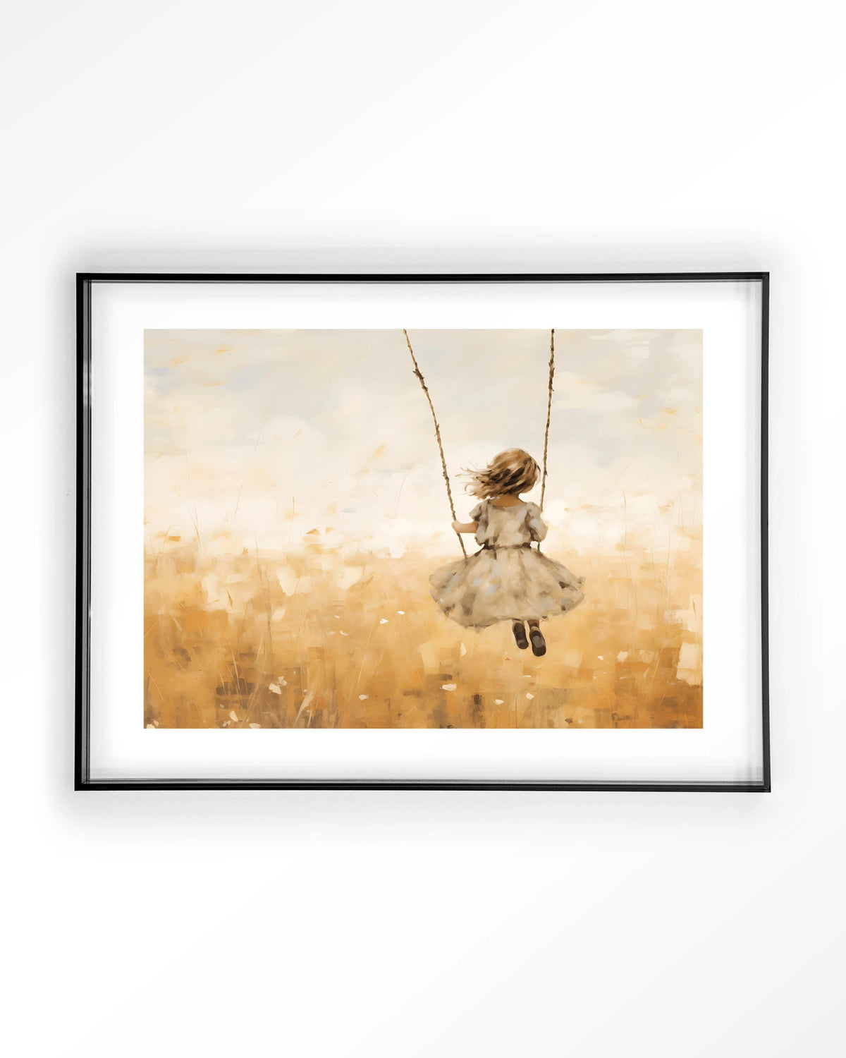Swinging Girl – meisje op schommel in veld – Art print – Acryl zwart