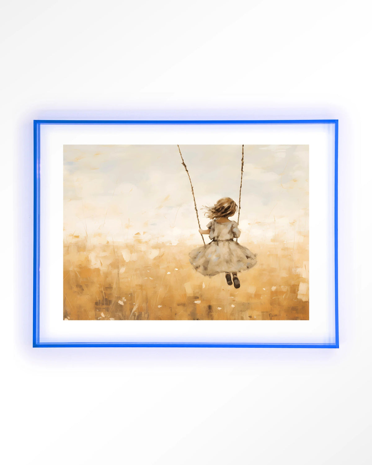 Swinging Girl – meisje op schommel in veld – Art print – Acryl lichtblauw