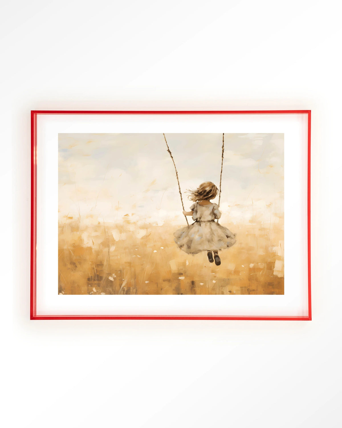 Swinging Girl – meisje op schommel in veld – Art print – Acryl roze