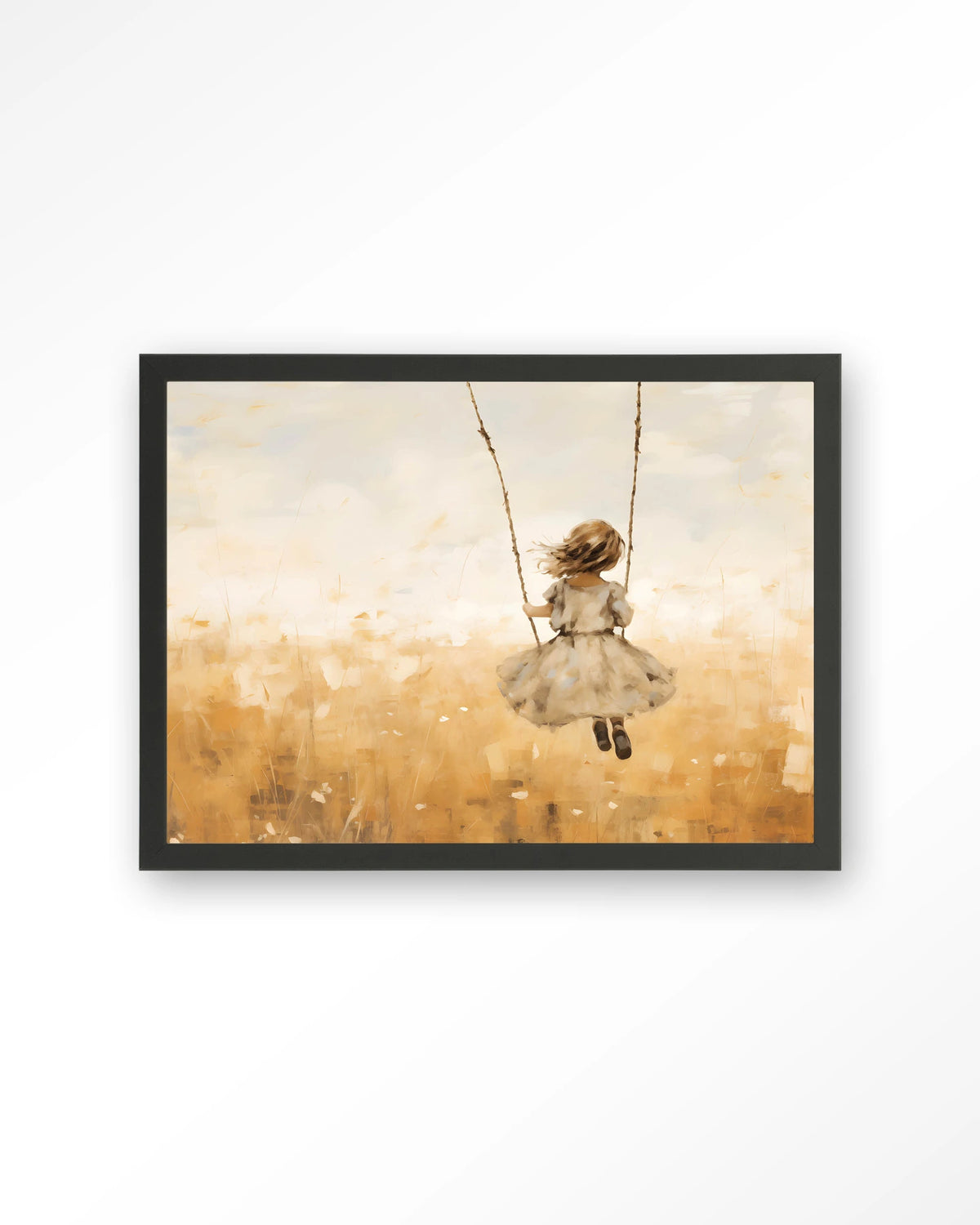 Swinging Girl – meisje op schommel in veld – Art print – Hout zwart