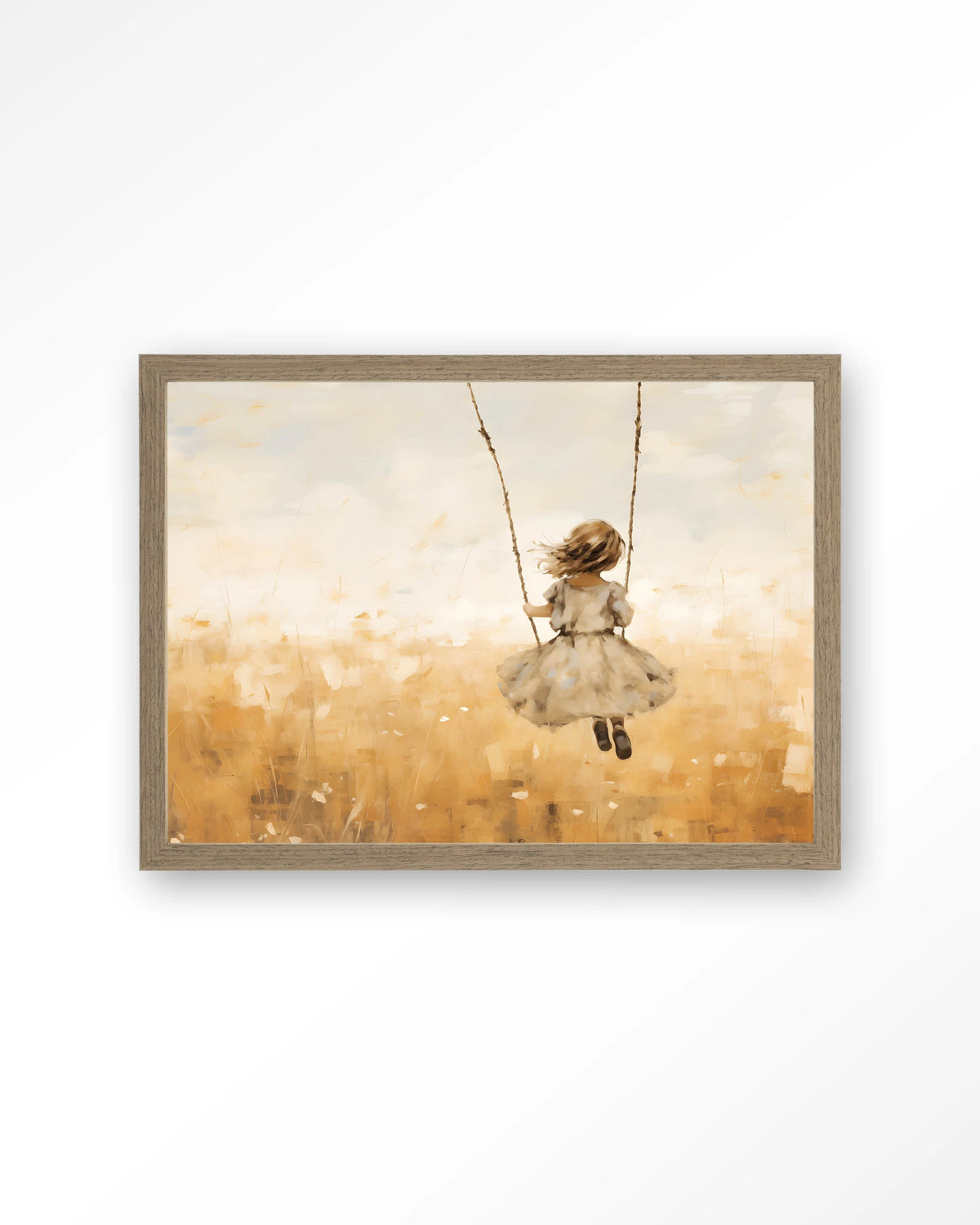Swinging Girl – meisje op schommel in veld – Art print – Hout bruin
