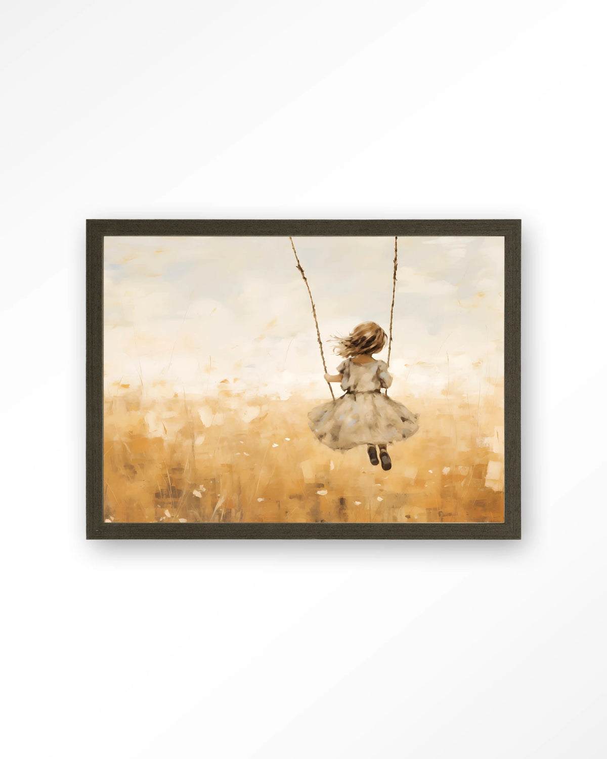 Swinging Girl – meisje op schommel in veld – Art print – Hout donkerbruin