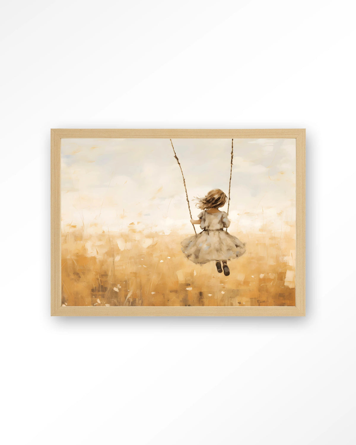 Swinging Girl – meisje op schommel in veld – Art print – Hout naturel