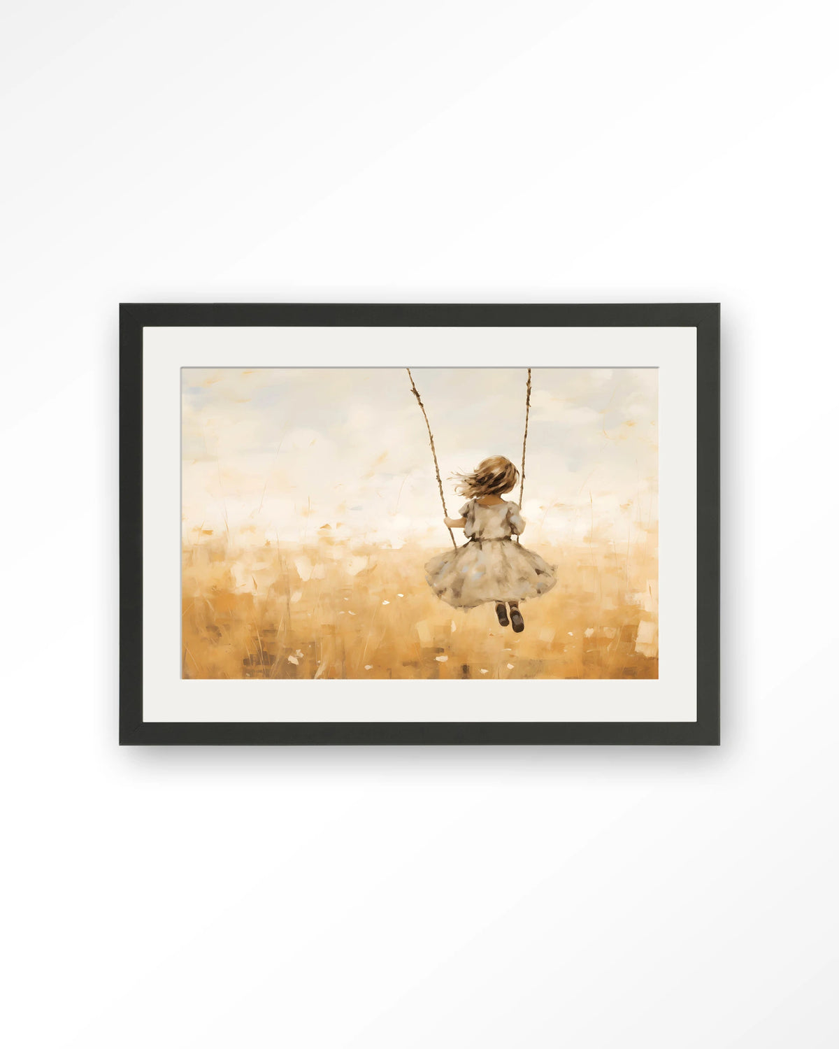 Swinging Girl – meisje op schommel in veld – Art print – Hout zwart + passe-partout