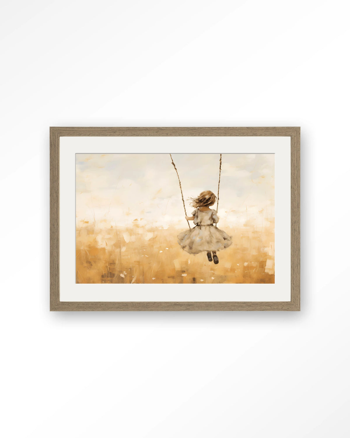 Swinging Girl – meisje op schommel in veld – Art print – Hout bruin + passe-partout