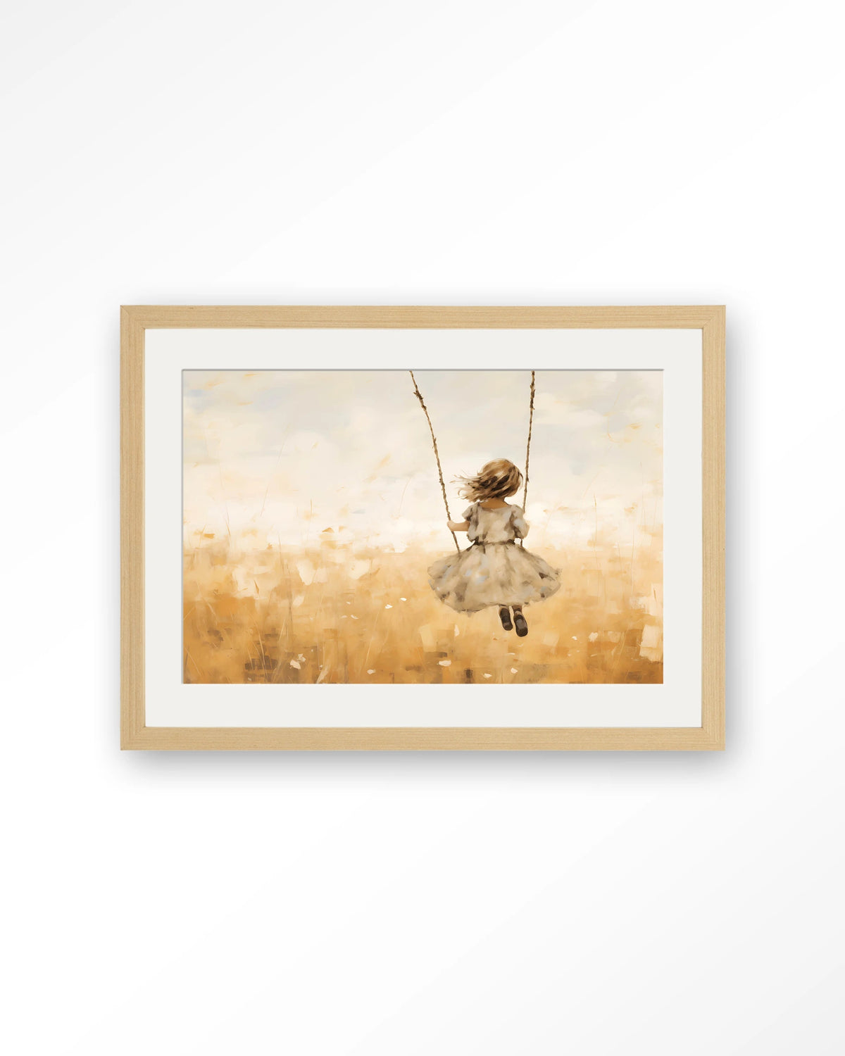 Swinging Girl – meisje op schommel in veld – Art print – Hout naturel + passe-partout