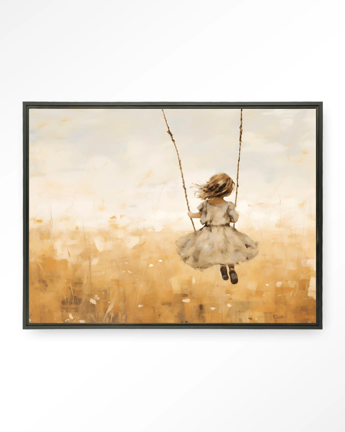 Swinging Girl – meisje op schommel in veld – Wandkleed – Floating frame – zwart