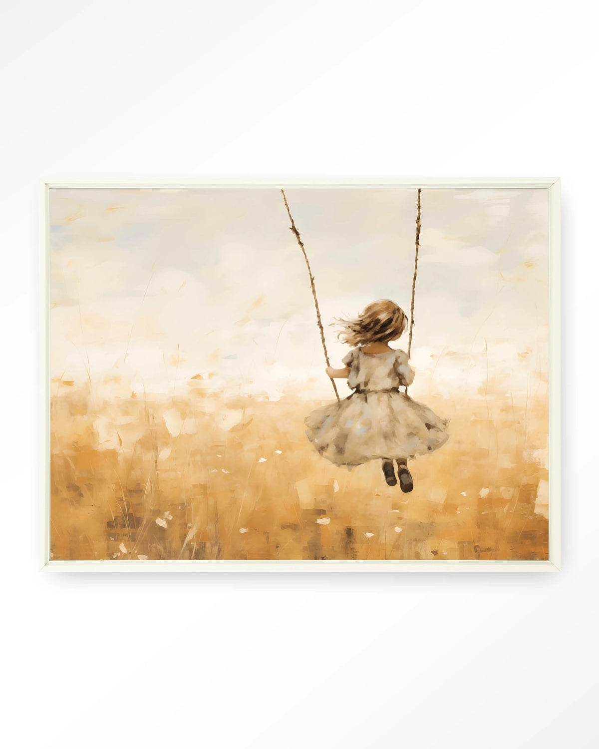 Swinging Girl – meisje op schommel in veld – Wandkleed – Floating frame – wit