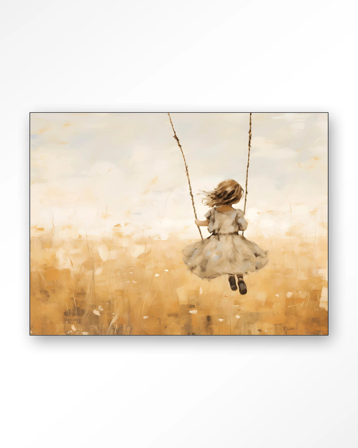 Swinging Girl – meisje op schommel in veld – Wandkleed – Frame – zwart