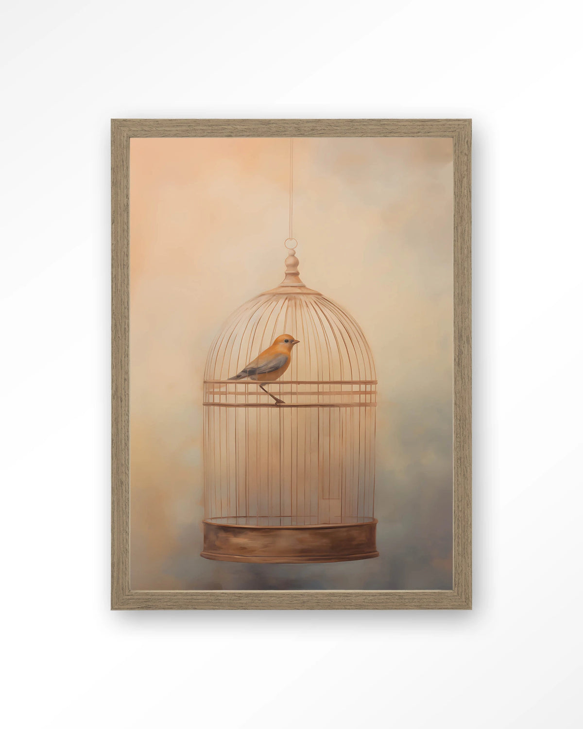 Bird Cage – vogel in kooi – Art print – Hout bruin
