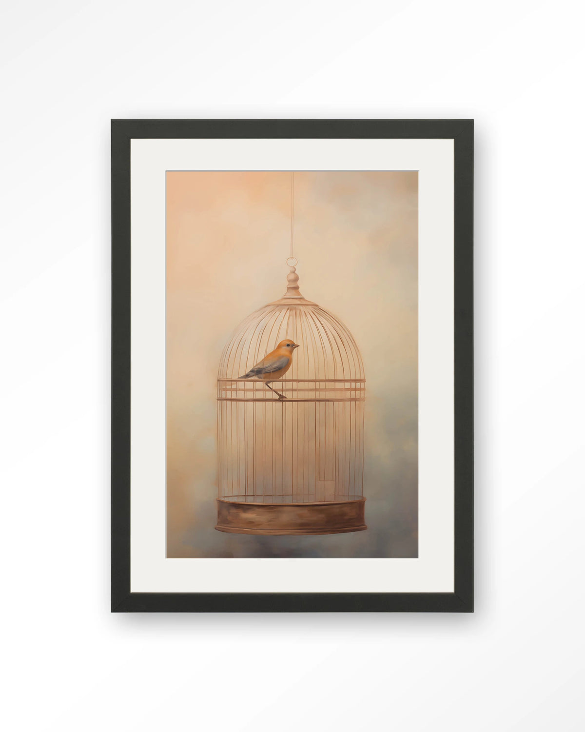 Bird Cage – vogel in kooi – Art print – Hout zwart + passe-partout