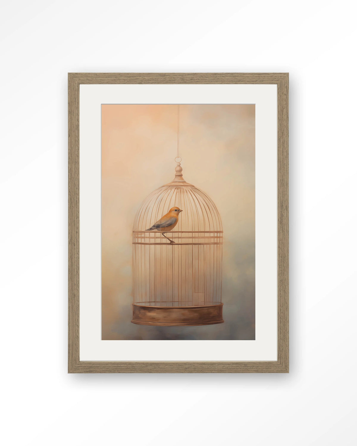Bird Cage – vogel in kooi – Art print – Hout bruin + passe-partout