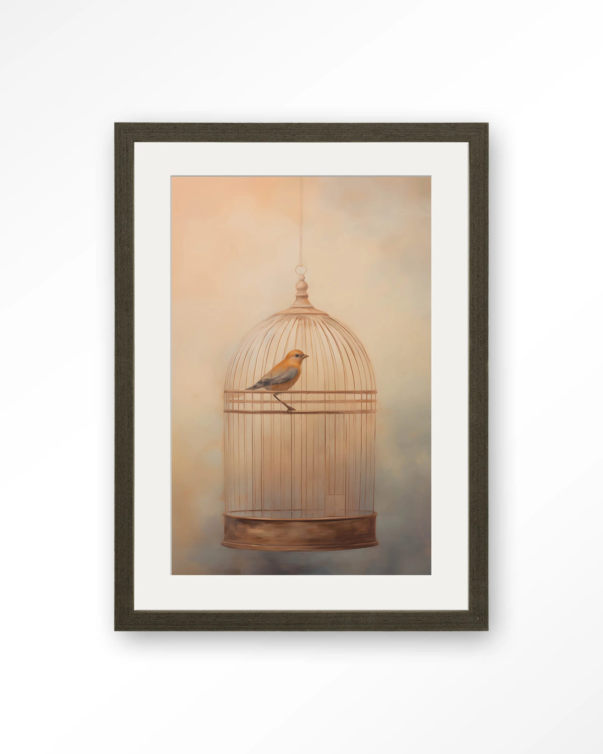 Bird Cage – vogel in kooi – Art print – Hout donkerbruin + passe-partout