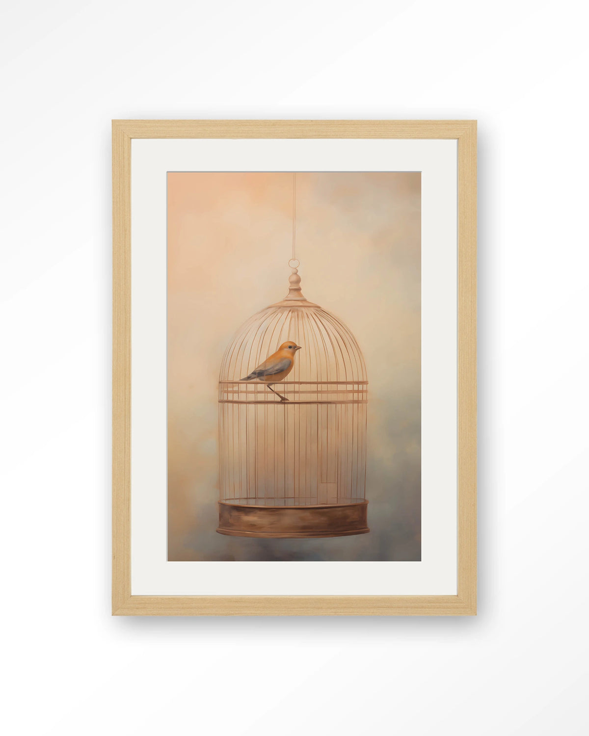 Bird Cage – vogel in kooi – Art print – Hout naturel + passe-partout