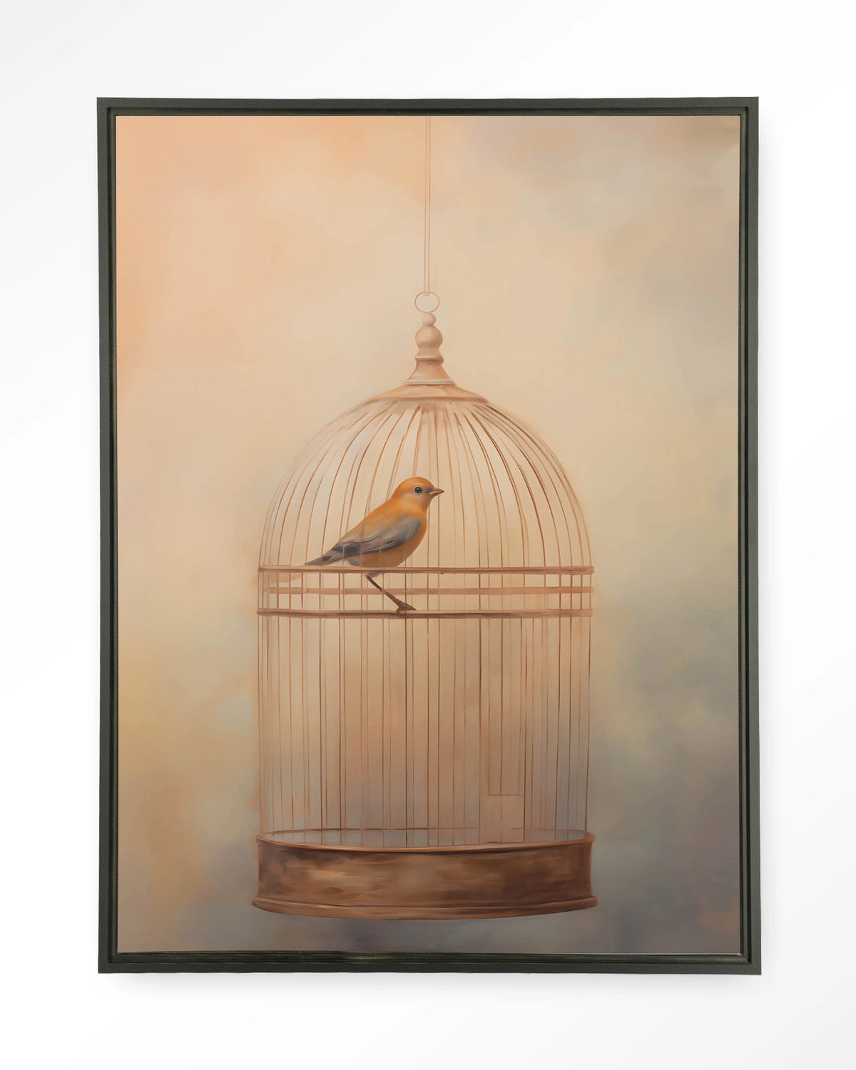 Bird Cage – vogel in kooi – Wandkleed – Floating frame – zwart