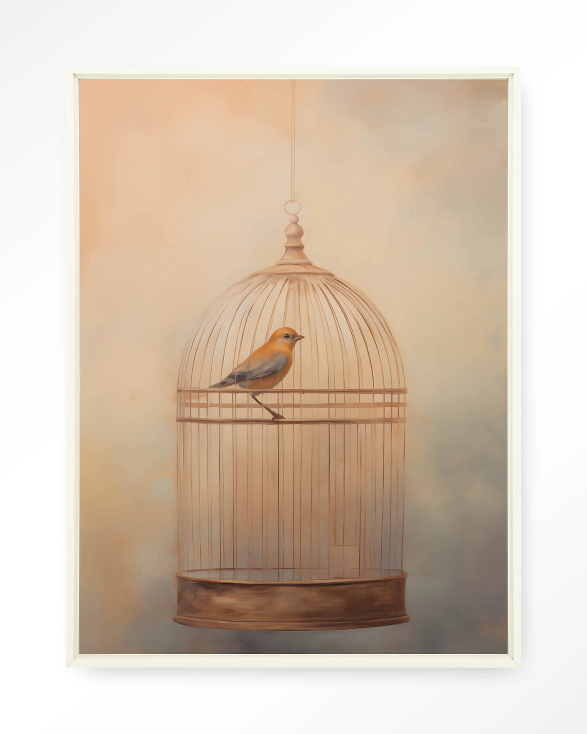 Bird Cage – vogel in kooi – Wandkleed – Floating frame – wit