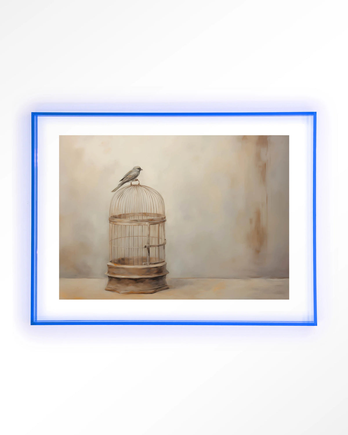 Birdy – vogel op vogelkooi – Art print – Acryl lichtblauw
