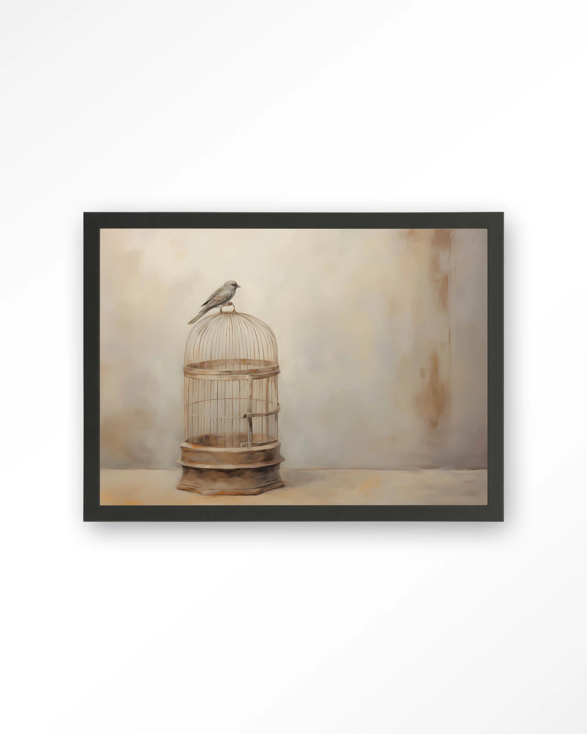 Birdy – vogel op vogelkooi – Art print – Hout zwart