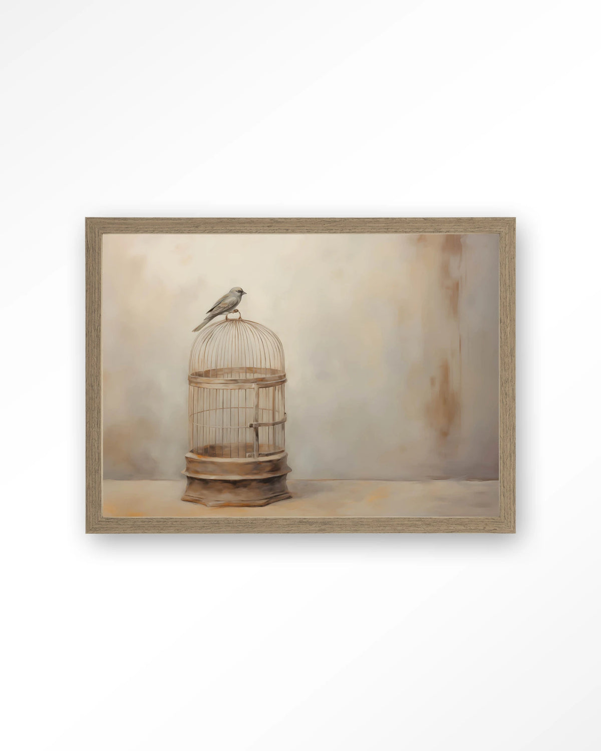 Birdy – vogel op vogelkooi – Art print – Hout bruin