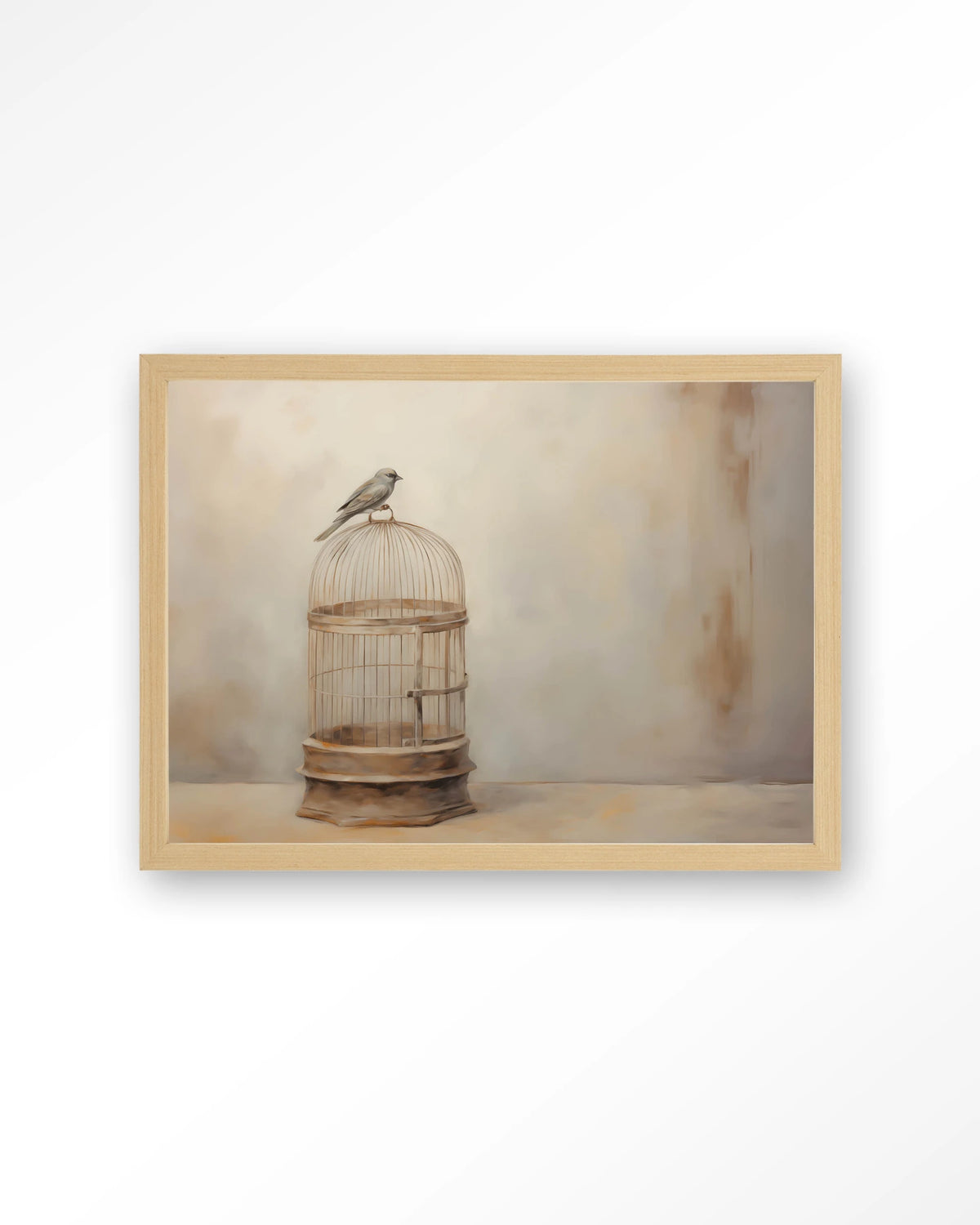Birdy – vogel op vogelkooi – Art print – Hout naturel