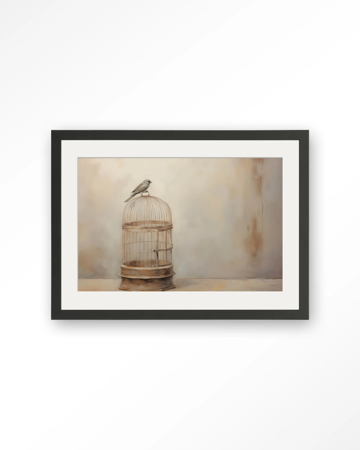 Birdy – vogel op vogelkooi – Art print – Hout zwart + passe-partout
