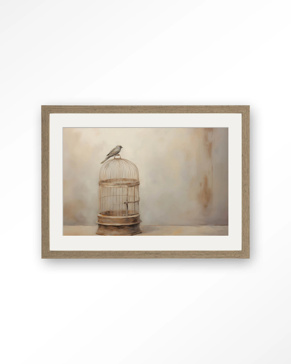 Birdy – vogel op vogelkooi – Art print – Hout bruin + passe-partout