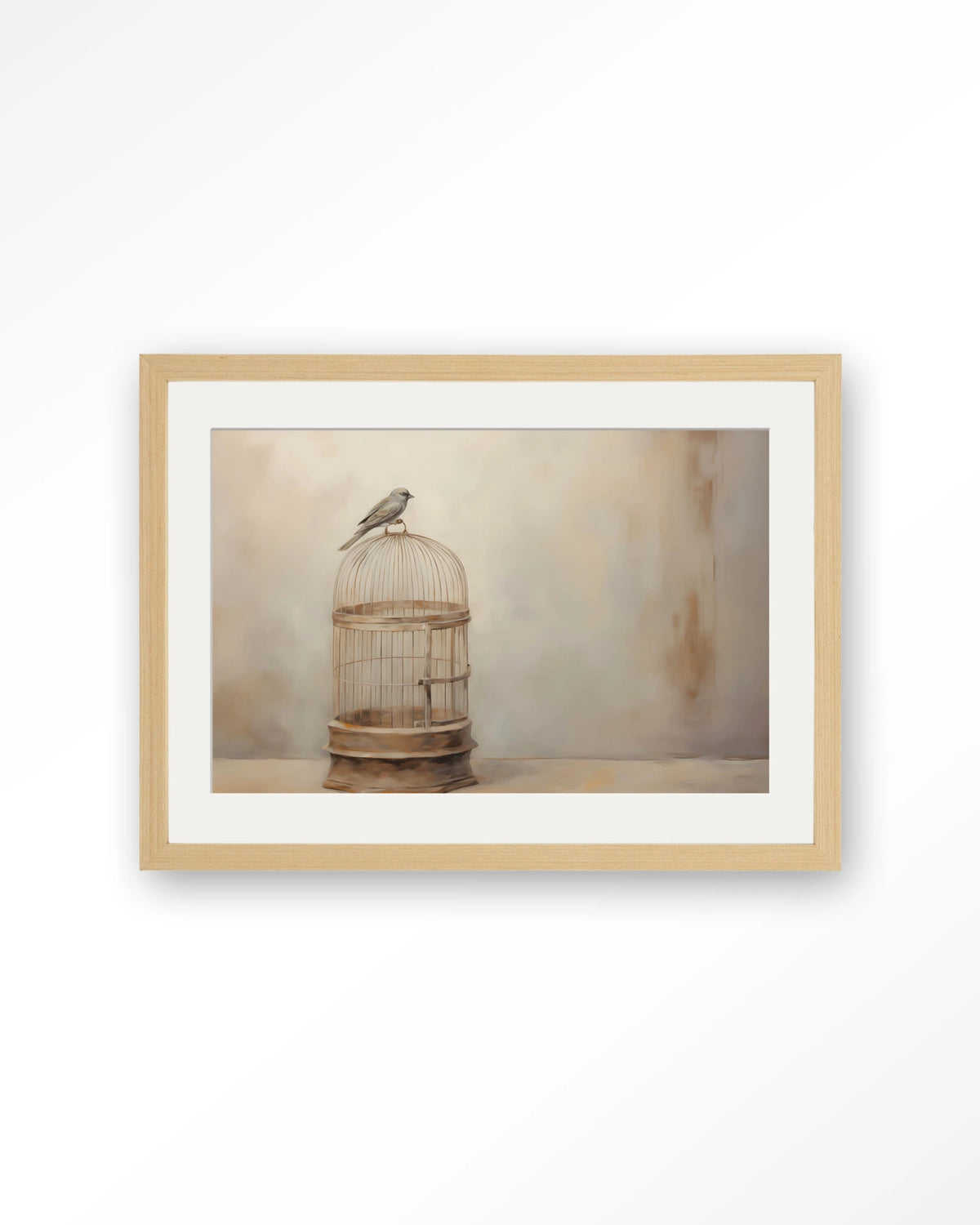 Birdy – vogel op vogelkooi – Art print – Hout naturel + passe-partout