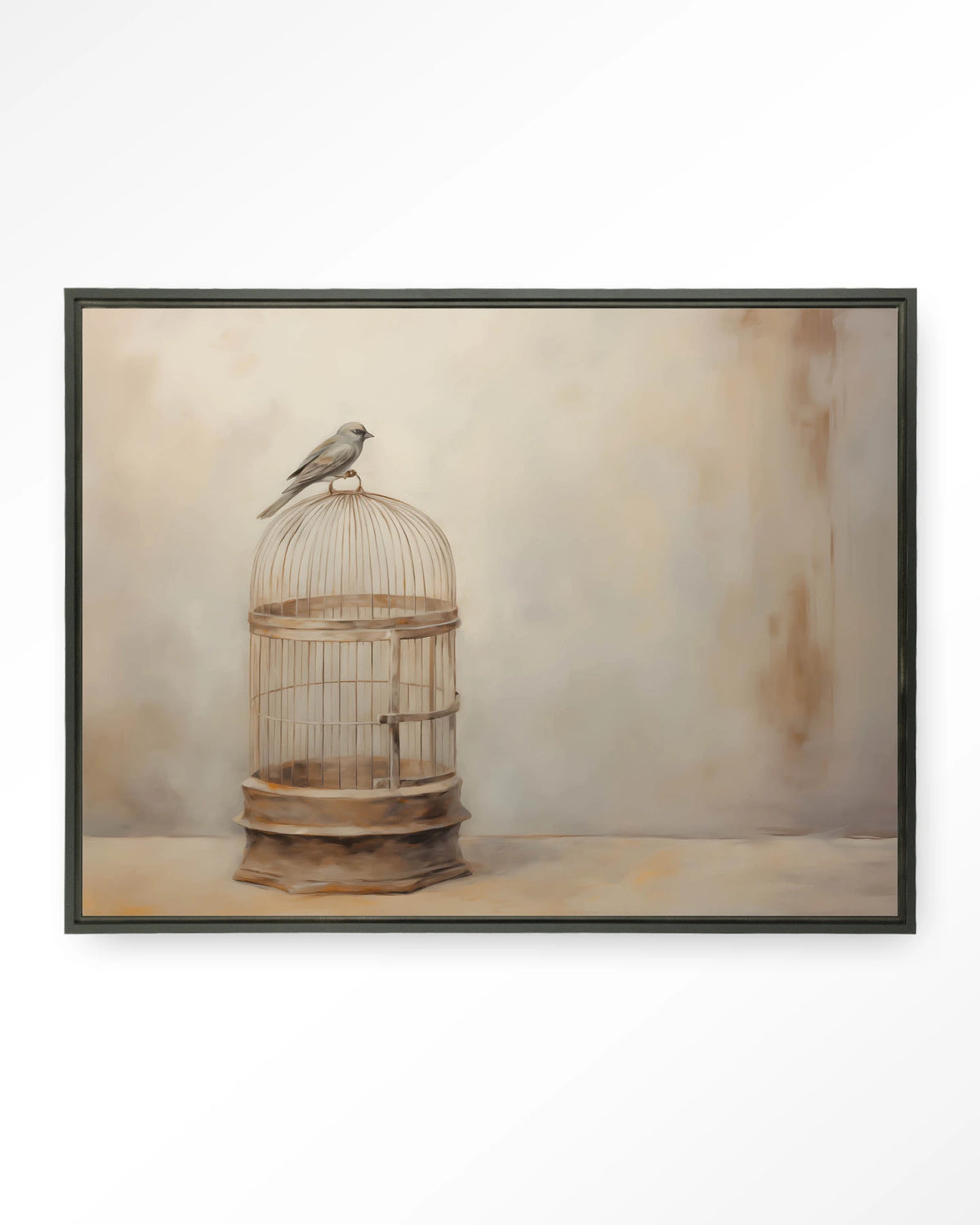 Birdy – vogel op vogelkooi – Wandkleed – Floating frame – zwart