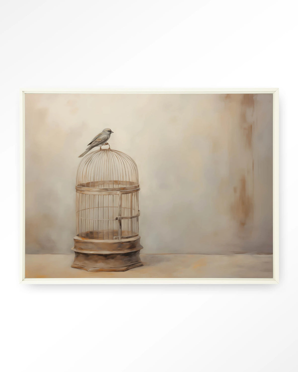 Birdy – vogel op vogelkooi – Wandkleed – Floating frame – wit