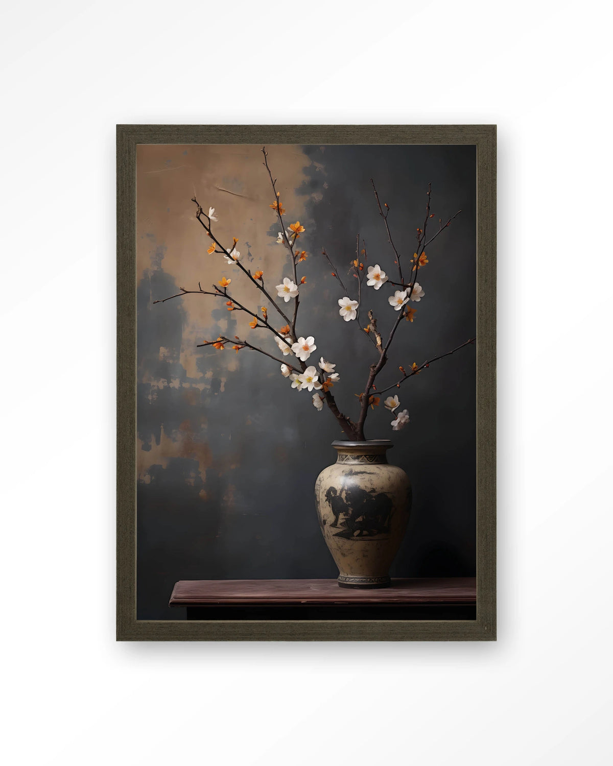 Dark Blossom Vase – bloesemtak in vaas – Art print – Hout donkerbruin