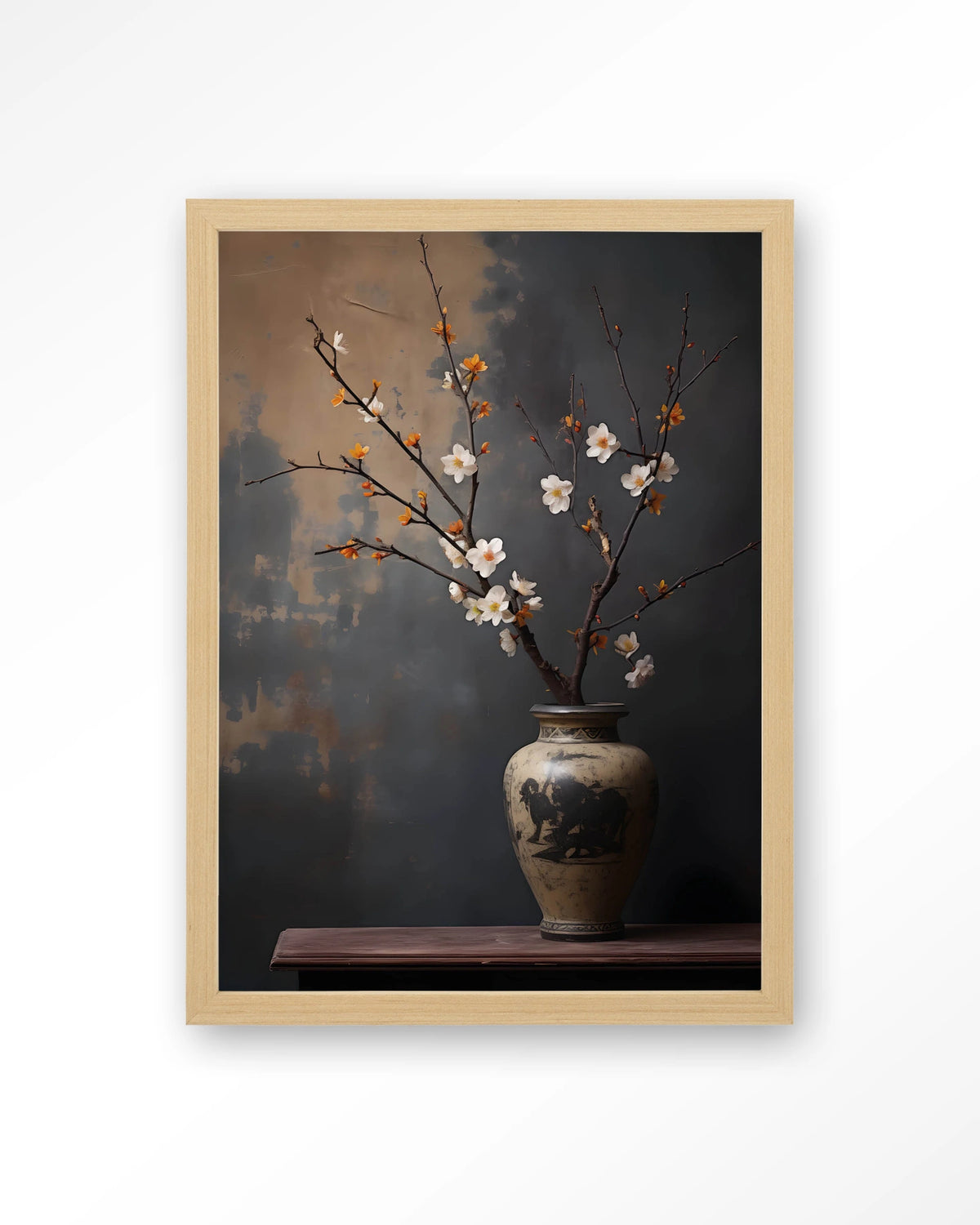 Dark Blossom Vase – bloesemtak in vaas – Art print – Hout naturel
