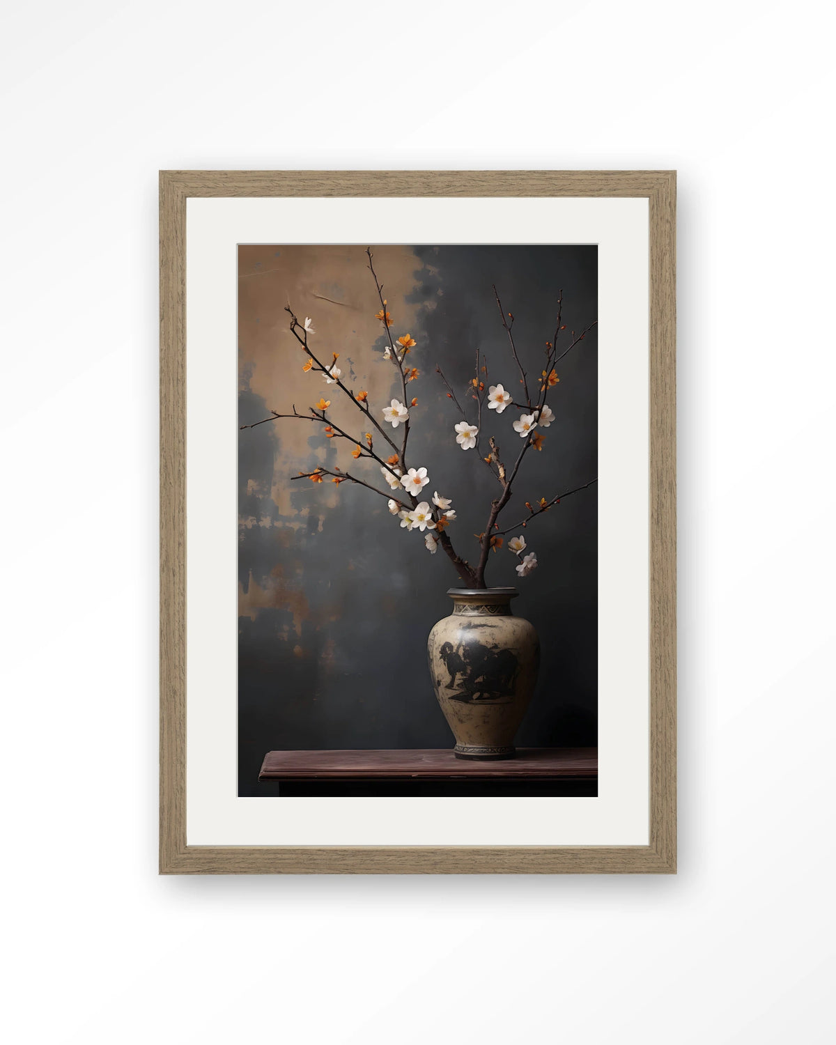 Dark Blossom Vase – bloesemtak in vaas – Art print – Hout bruin + passe-partout