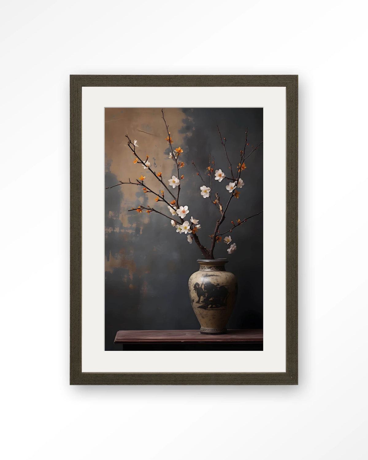 Dark Blossom Vase – bloesemtak in vaas – Art print – Hout donkerbruin + passe-partout