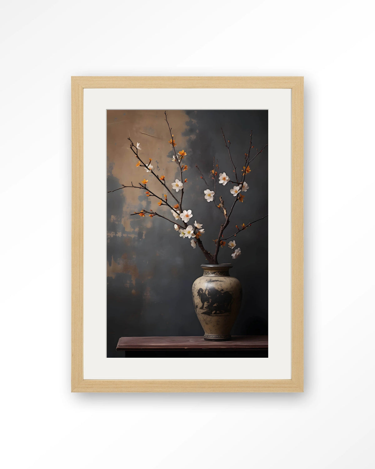 Dark Blossom Vase – bloesemtak in vaas – Art print – Hout naturel + passe-partout