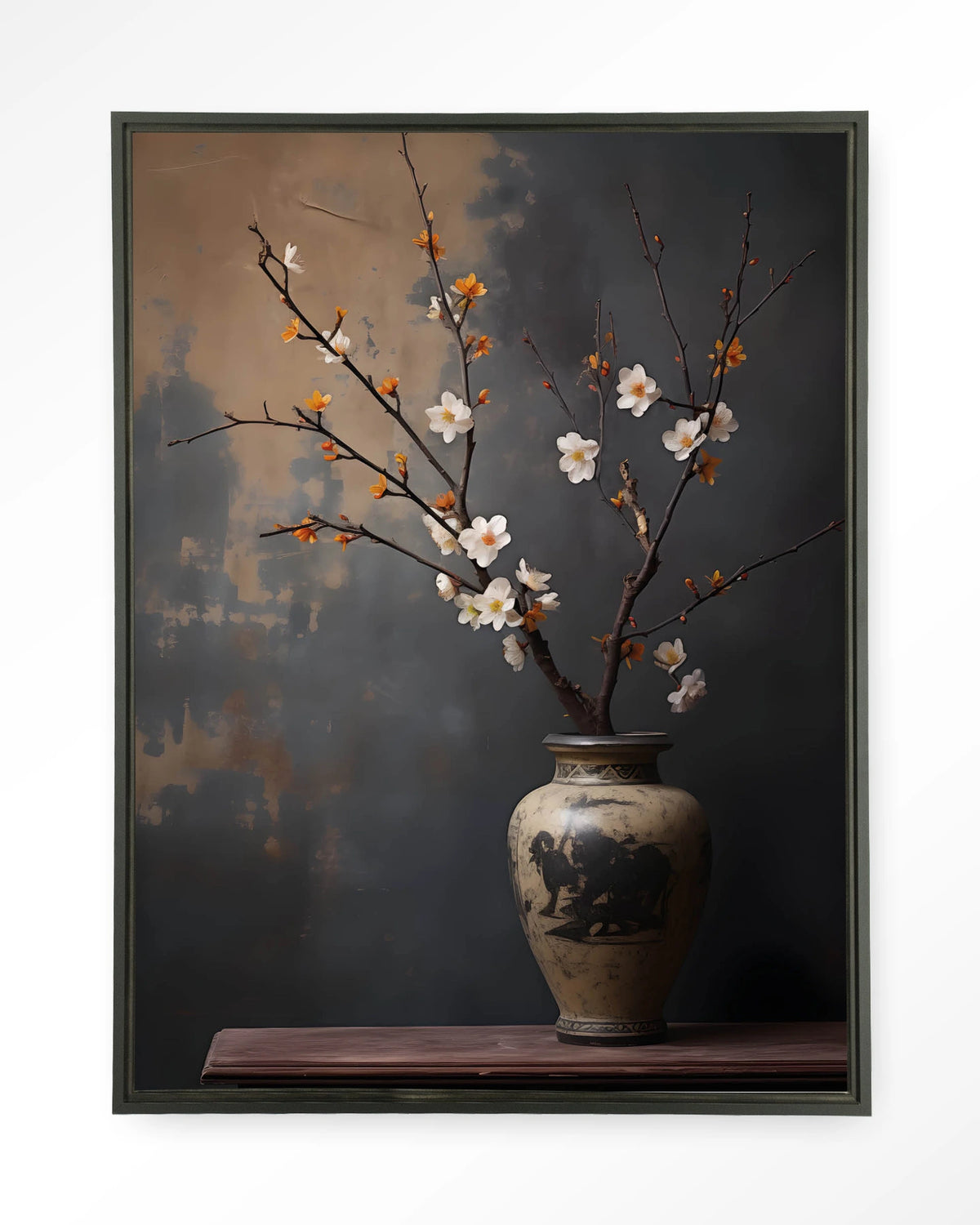 Dark Blossom Vase – bloesemtak in vaas – Wandkleed – Floating frame – zwart
