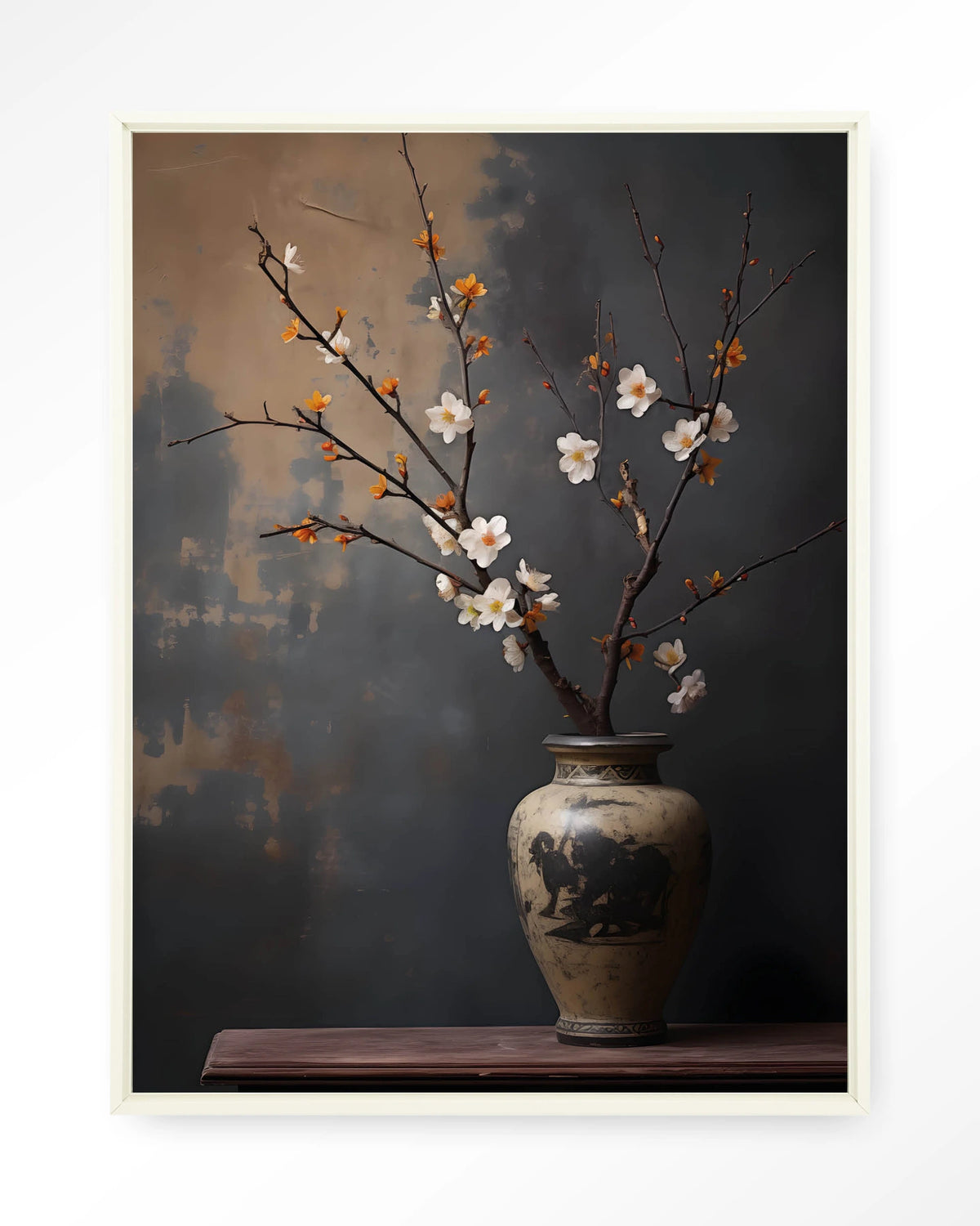 Dark Blossom Vase – bloesemtak in vaas – Wandkleed – Floating frame – wit