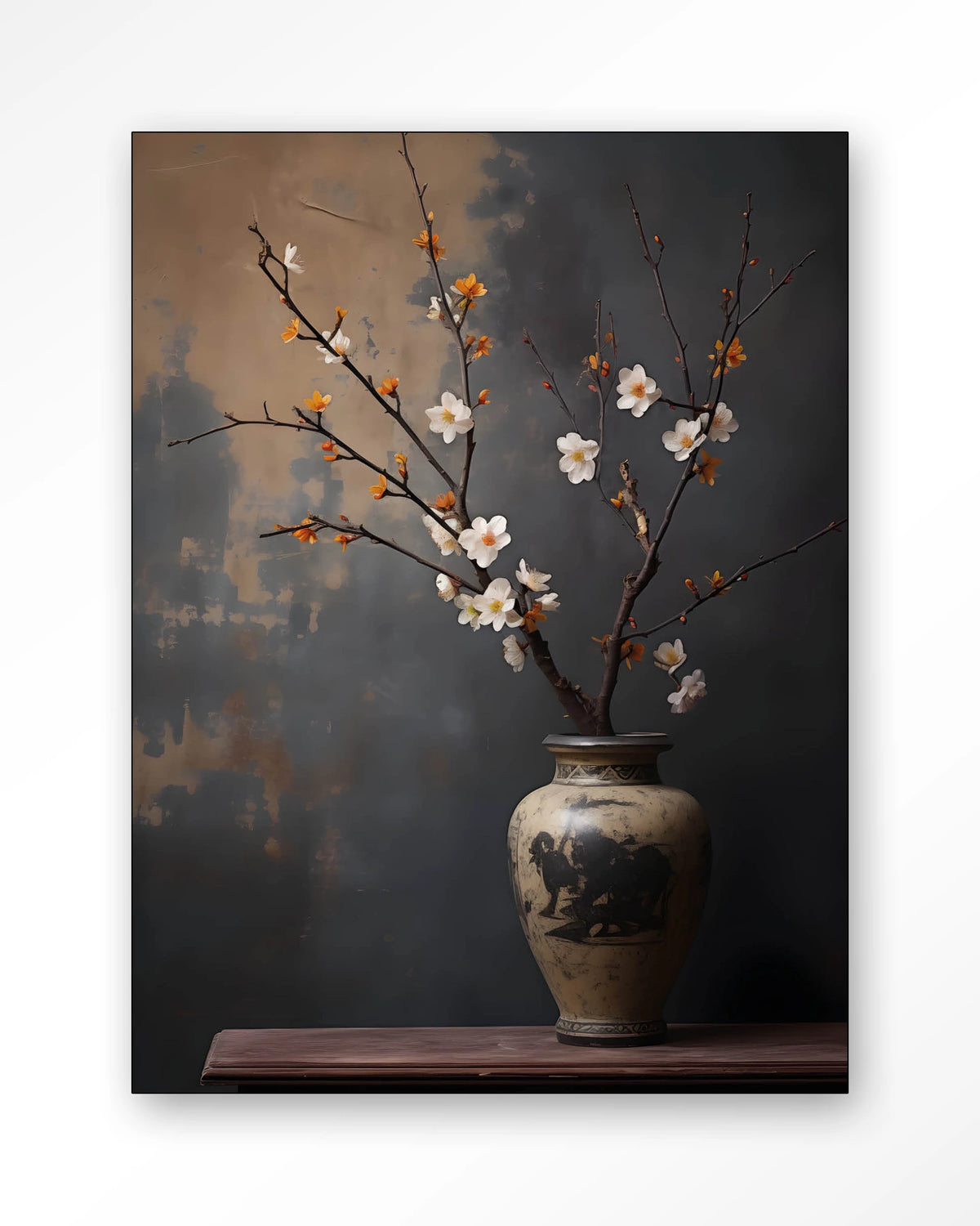 Dark Blossom Vase – bloesemtak in vaas – Wandkleed – Frame – zwart