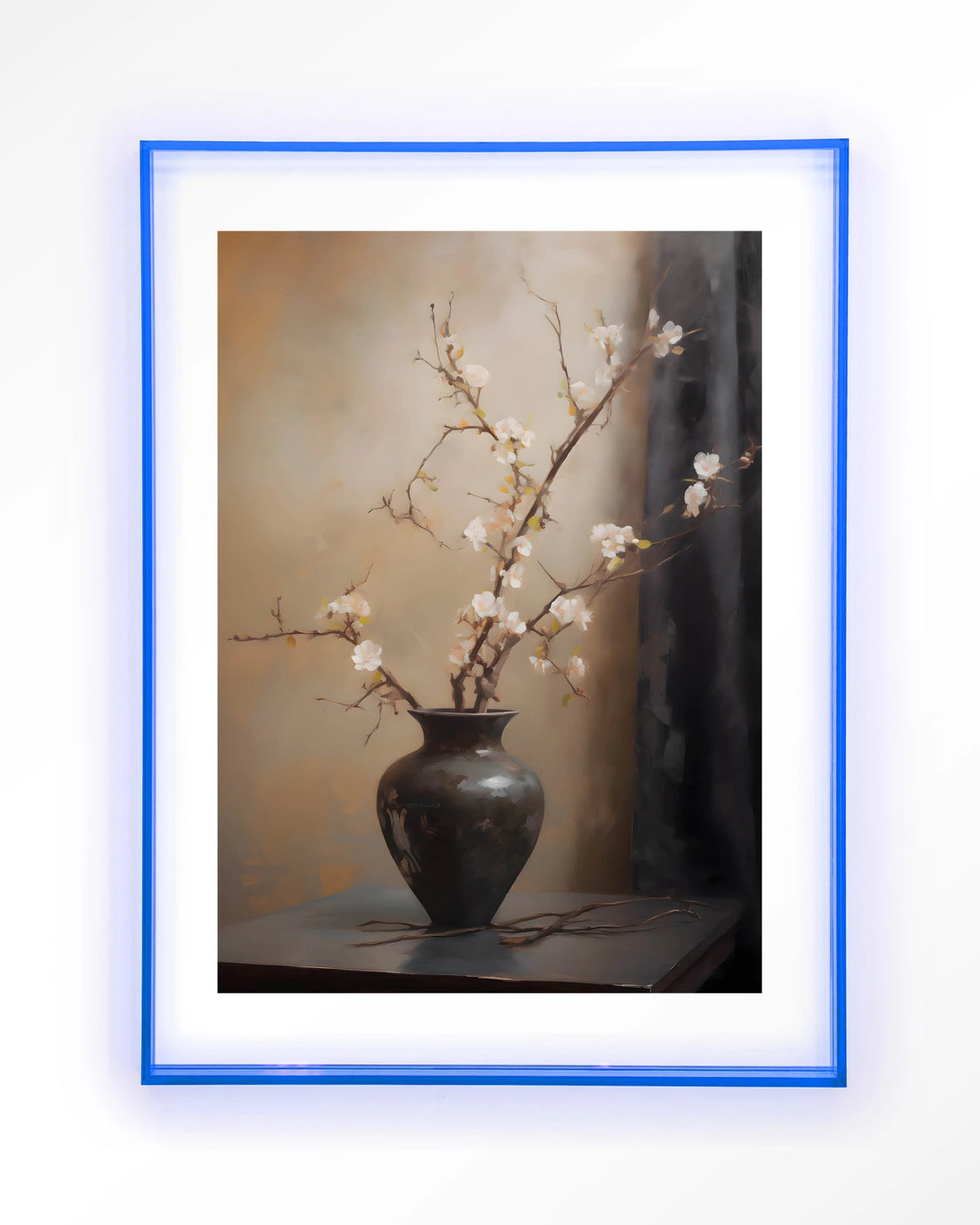 Light Blossom Vase – bloesemtak in zwarte vaas – Art print – Acryl lichtblauw