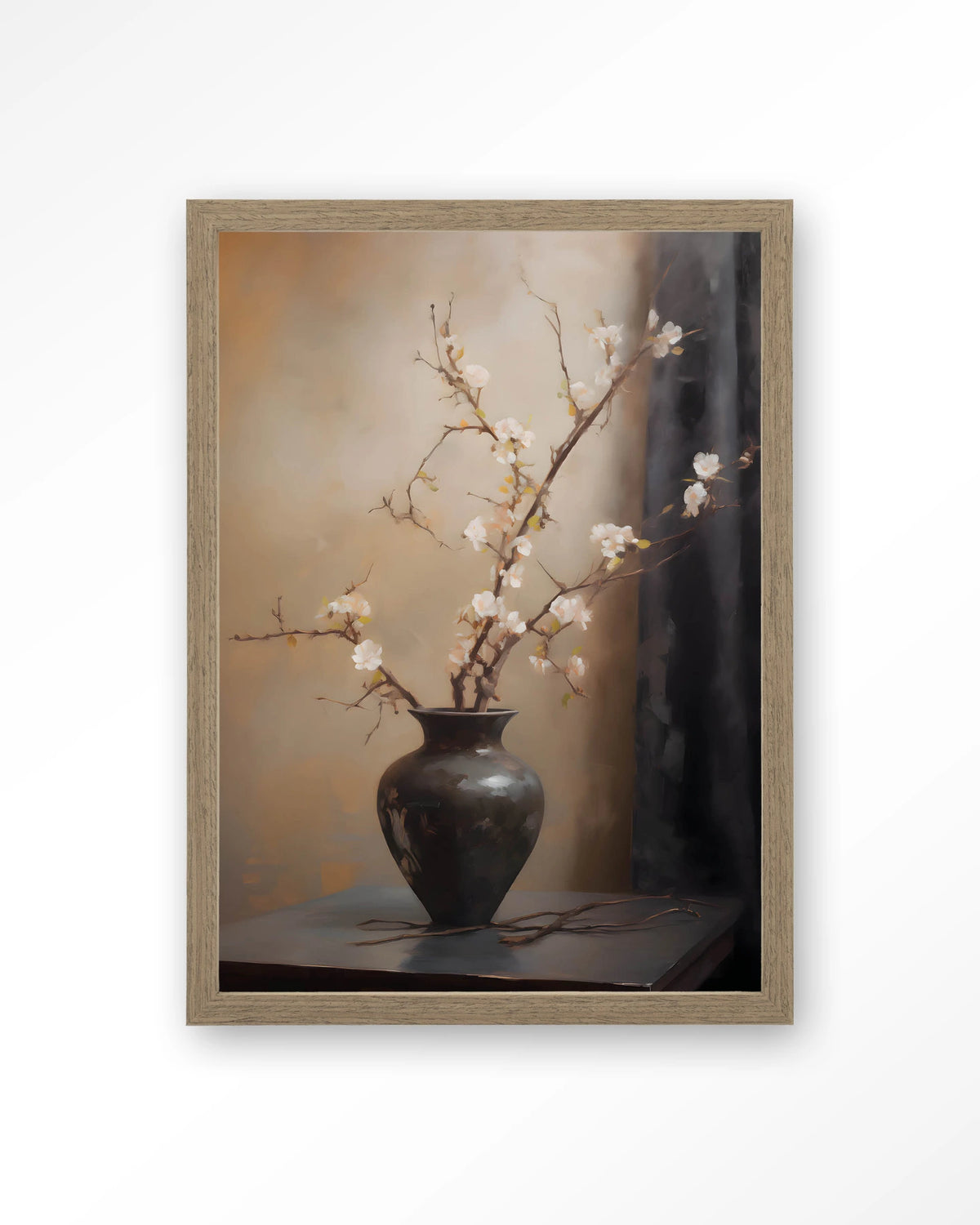 Light Blossom Vase – bloesemtak in zwarte vaas – Art print – Hout bruin
