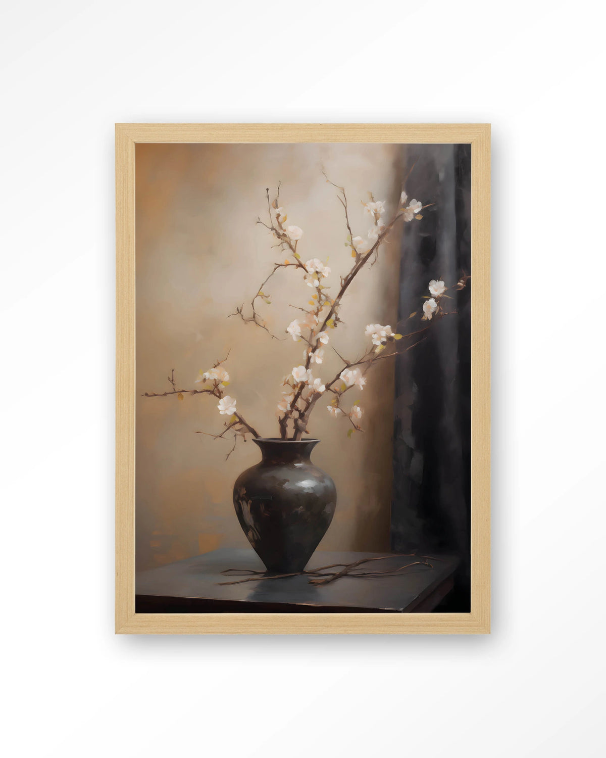 Light Blossom Vase – bloesemtak in zwarte vaas – Art print – Hout naturel
