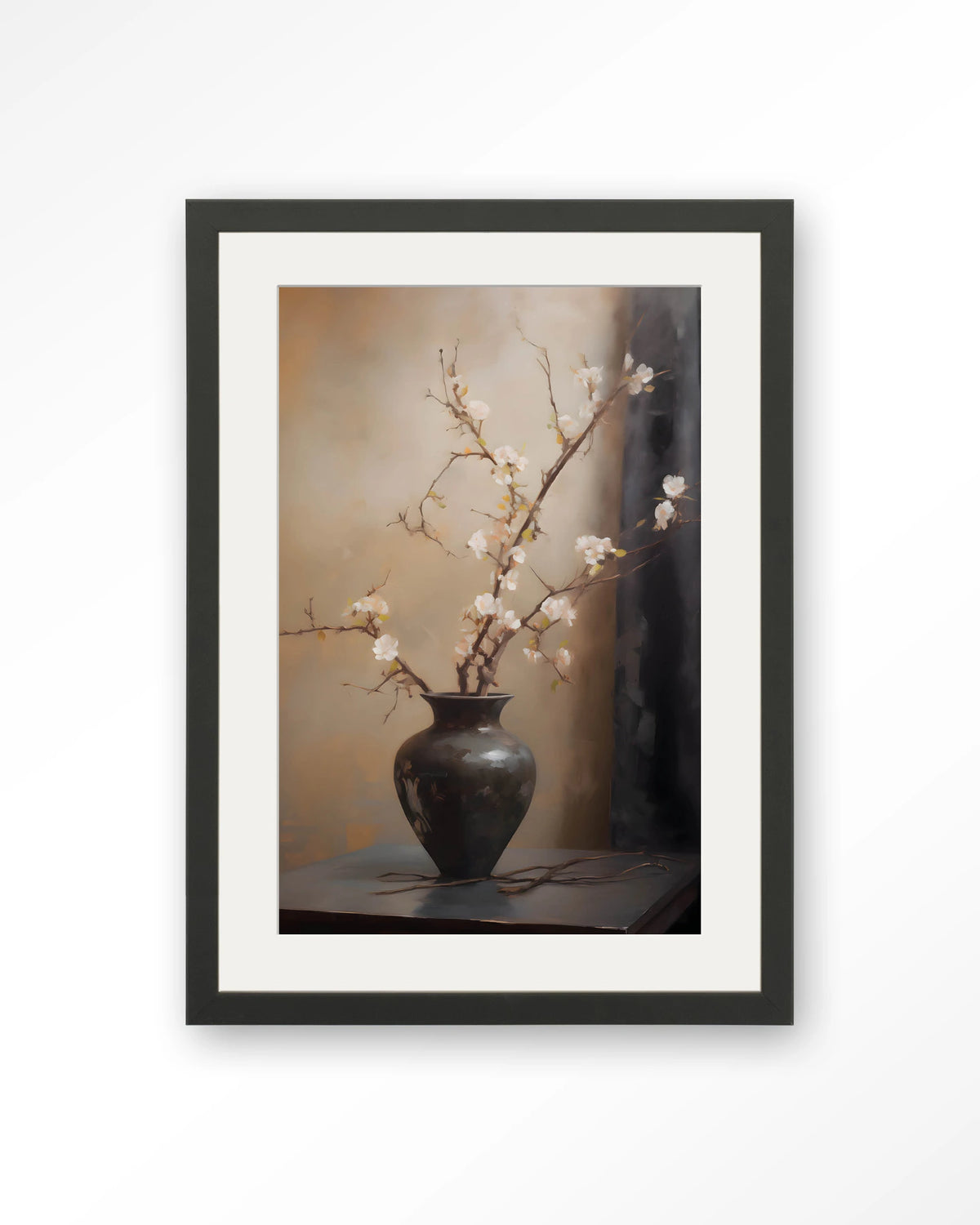 Light Blossom Vase – bloesemtak in zwarte vaas – Art print – Hout zwart + passe-partout